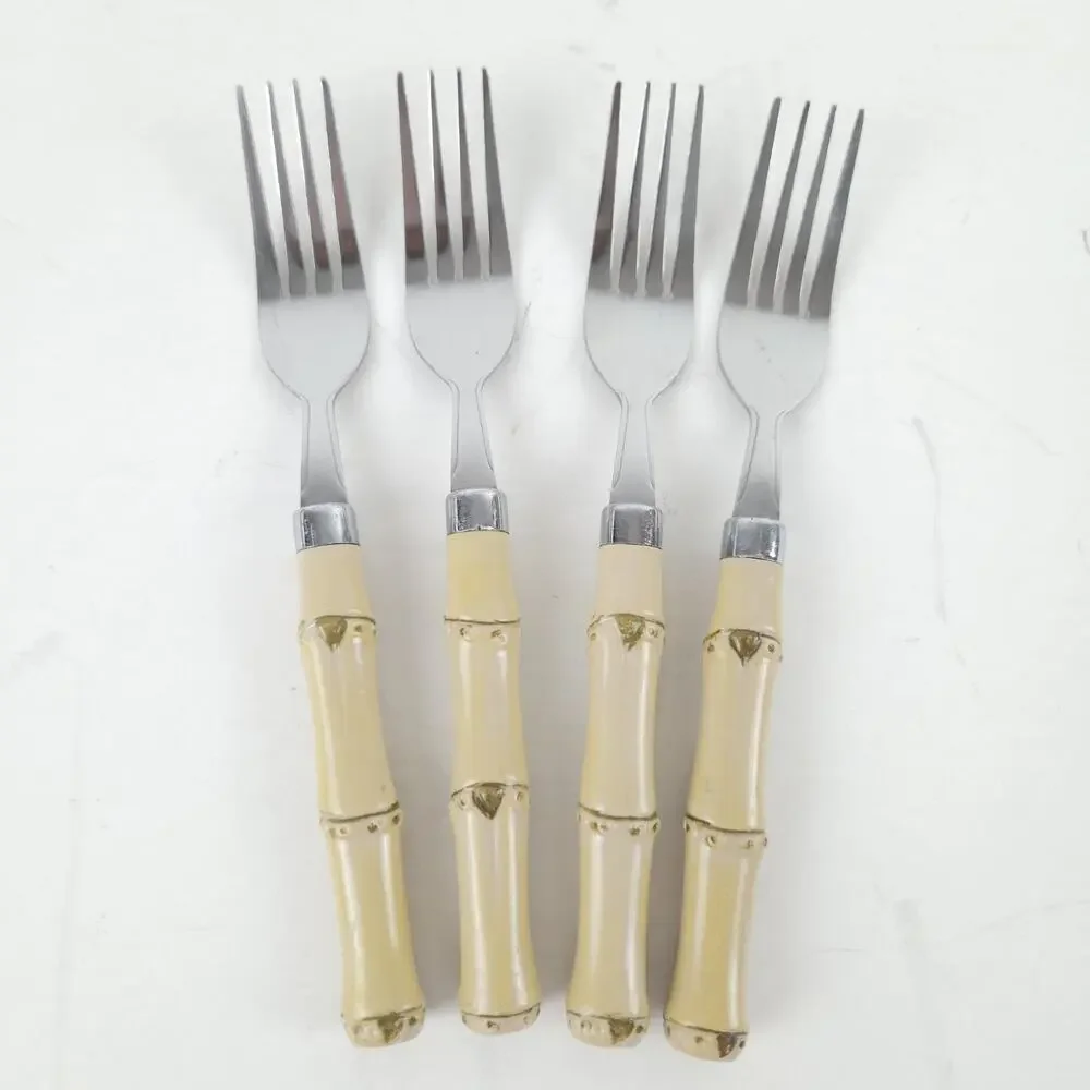 VTG Faux Bamboo Flatware Silverware 18-Set Plastic Stainless Steel Coastal Boho